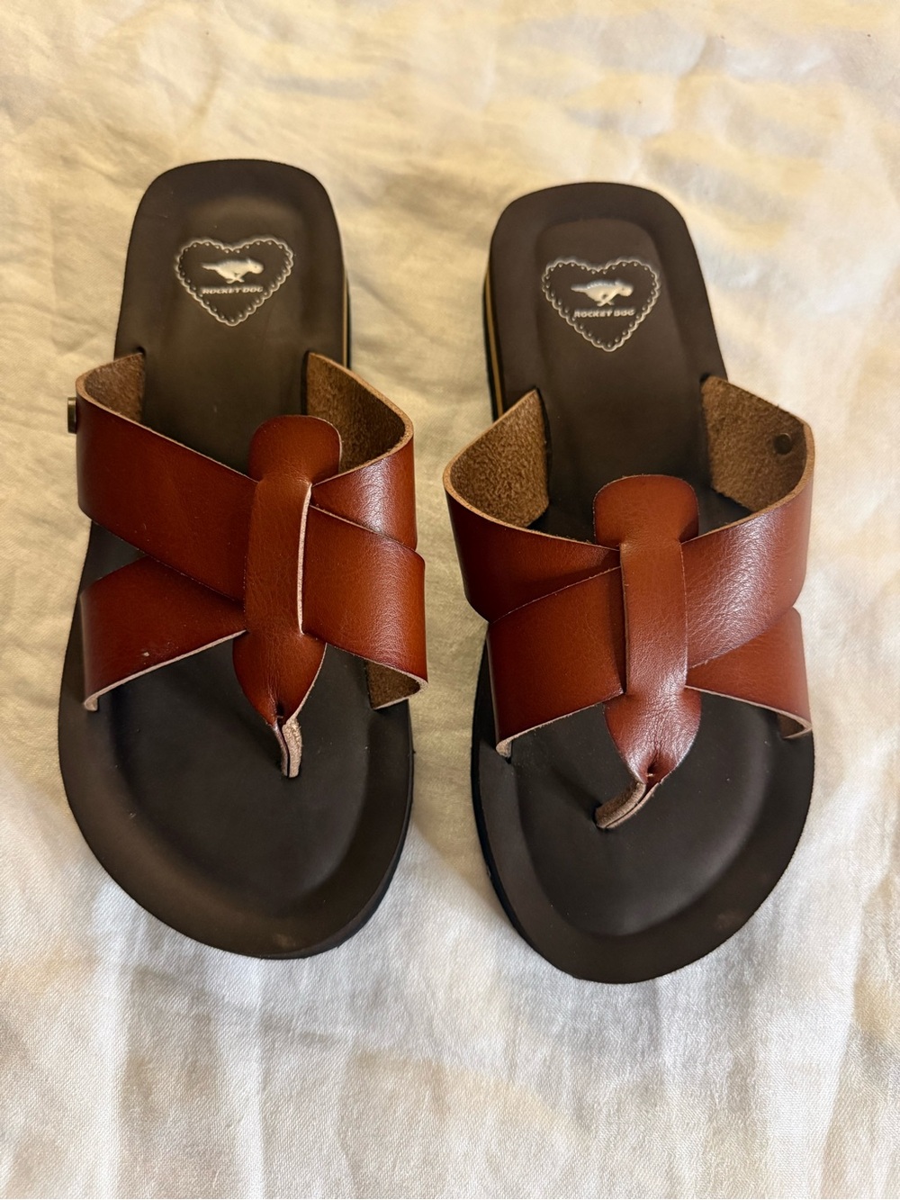 Rocket Dog Brown Leather Cross-Strap Slide Sandals